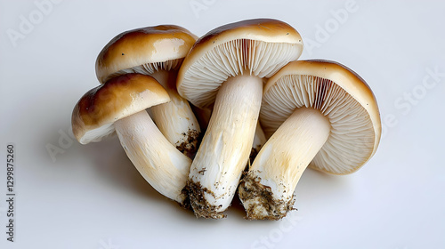 Pile of Brown Mushrooms with White Stems and Detailed Gills Isolated on White Background