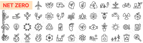 Net Zero & Eco Energy Outline Icon Bundle – Sustainable, Renewable, Carbon Neutral, Green Technology