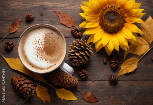 Sunflower Pinecone Dried Autumn Leaves A cup of coffee with milk