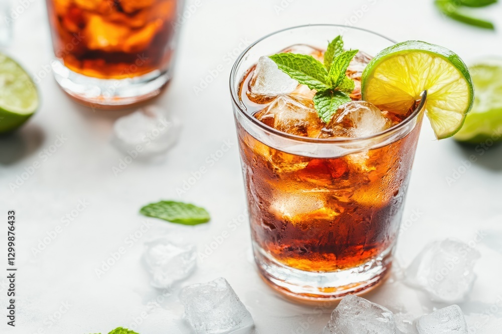 Refreshing iced cocktail with cola, lime, mint, and ice cubes. Refreshing iced cocktail with cola, lime, mint, and ice cubes.