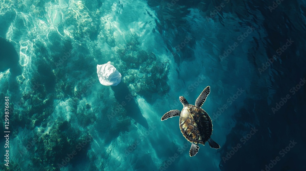 Naklejka premium Sea Turtle in Turquoise Waters: A Serene Yet Urgent Underwater Scene