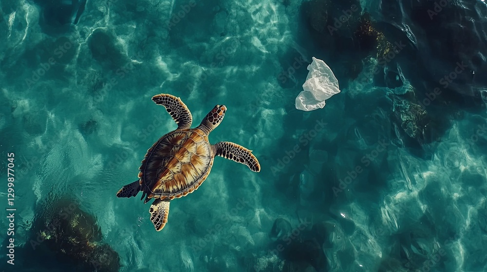 Naklejka premium Sea Turtle in Teal Waters: A Serene Yet Urgent Ocean Scene