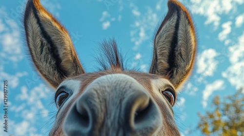 Close-up of a donkey's face against a bright blue sky. Perfect for illustrating themes of nature, animals, or a playful, curious spirit.