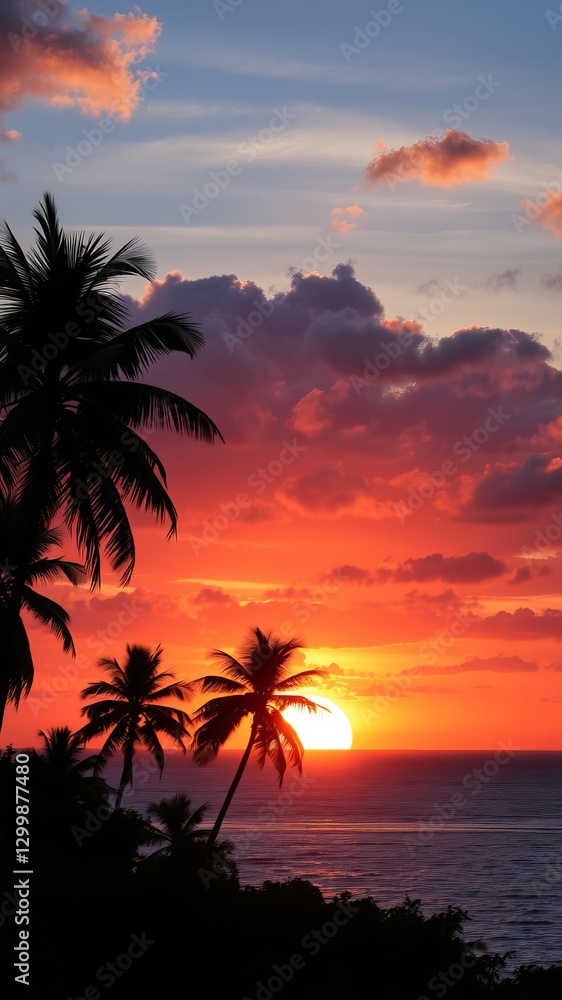 Breathtaking sunset over ocean with silhouette of palm trees creating a tropical paradise vibe Breathtaking sunset over ocean with silhouette of palm trees creating a tropical paradise vibe