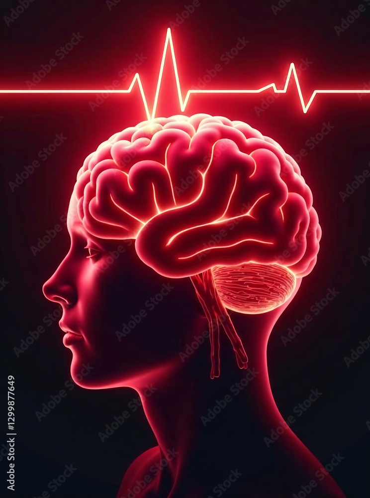 Obraz premium Red human brain with a heartbeat line above it. Conceptual illustration of brain health and mental well-being. new falce image