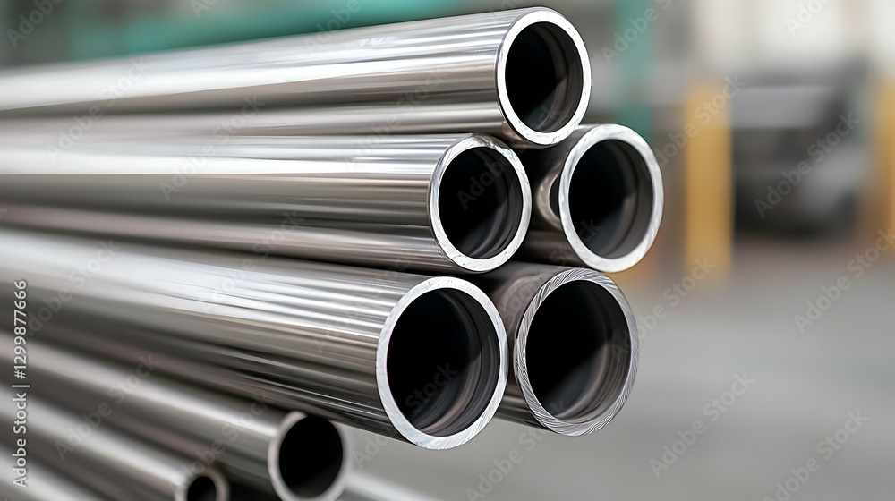 Close Up Stack Of Shiny Silver Steel Pipes In Industrial Setting Close Up Stack Of Shiny Silver Steel Pipes In Industrial Setting