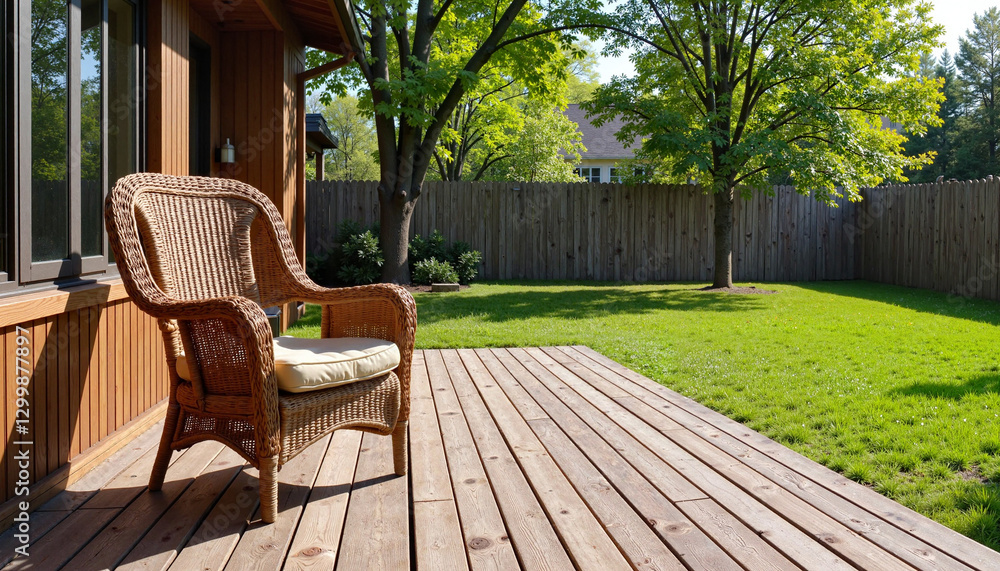 Obraz premium Serene wicker chair on sunny deck overlooking grassy yard, relaxation