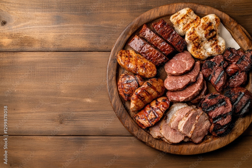 Fototapeta premium rustic platter with assorted grilled meats on wooden table