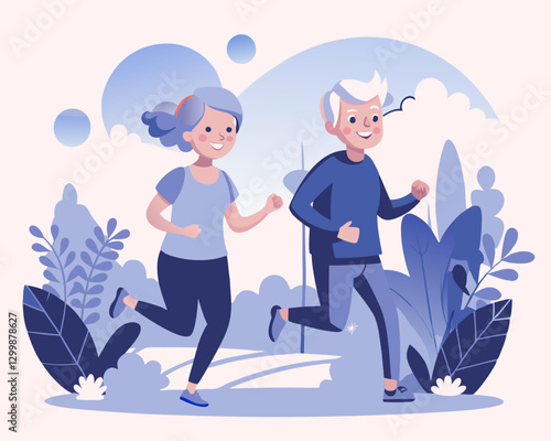 Elderly Couple Jogging Outdoors – Happy Senior Man and Woman Running in Summer Park – Vector Illustration