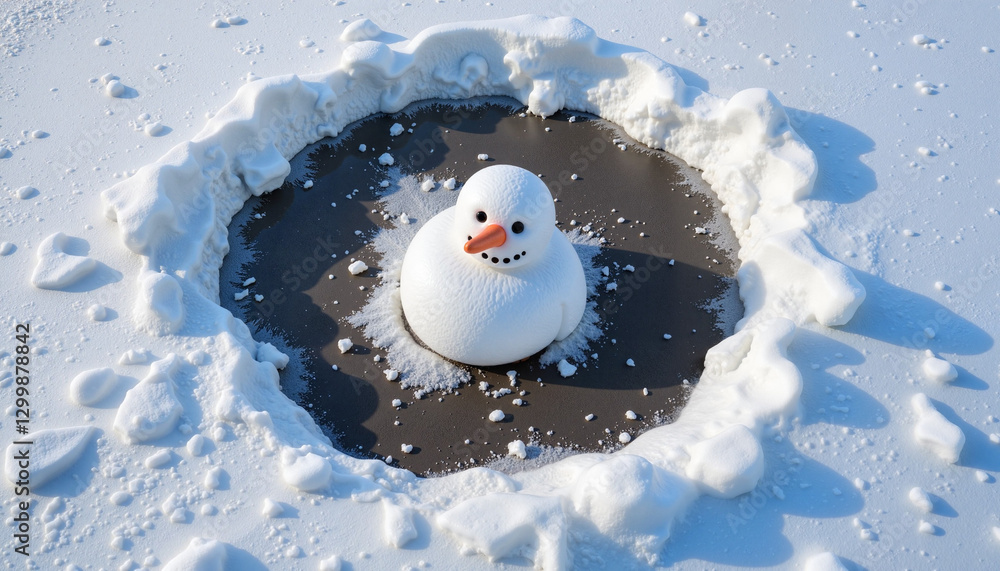 Melting snowman head surrounded by puddle in winter, fleeting childhood Melting snowman head surrounded by puddle in winter, fleeting childhood