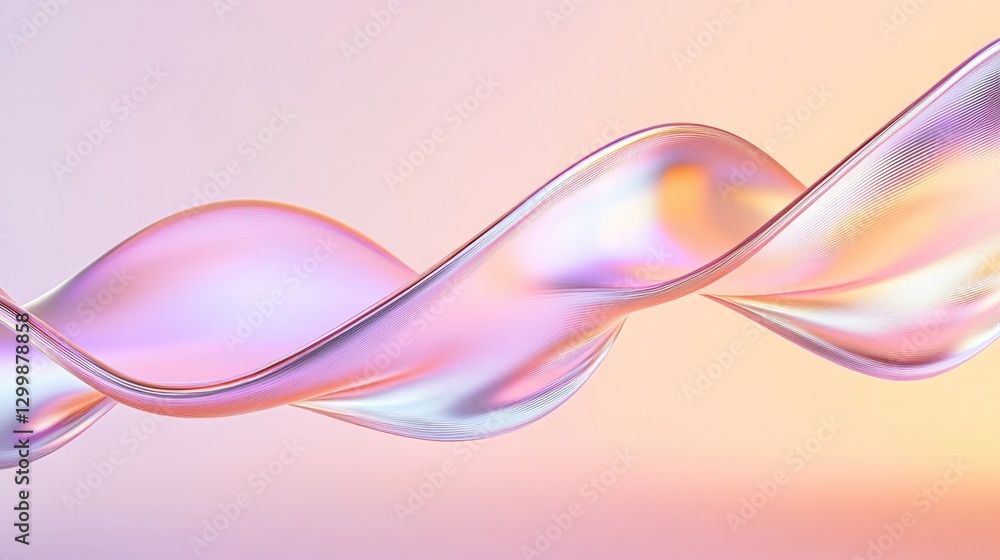 smooth iridescent 3d-rendered abstract wave form suspended in gradient space reflecting light dynamically copy space