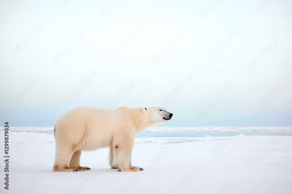 Fototapeta premium solitary polar bear stands on vast expanse of ice endless white backdrop providing ample copy space