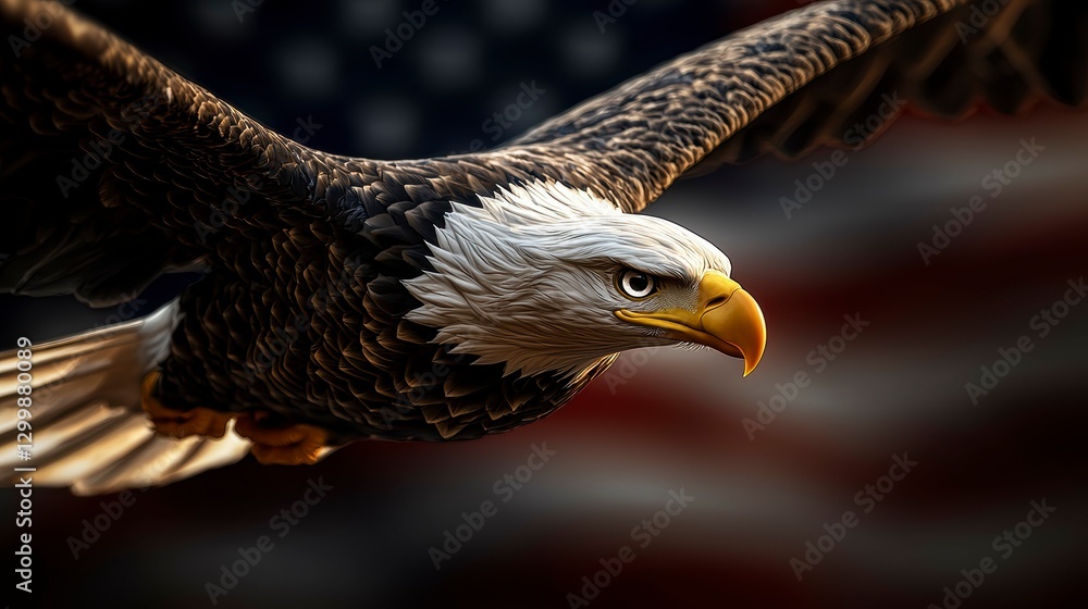 Naklejka premium American Bald Eagle in Flight, National Flag Background