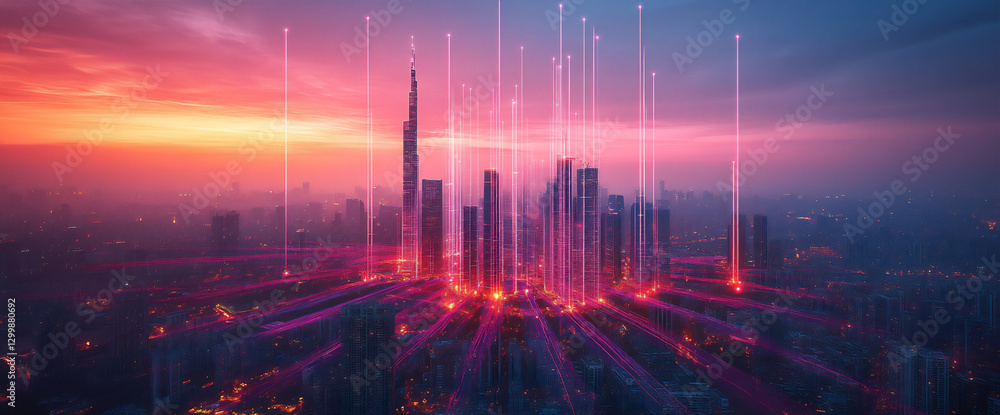 Naklejka premium a city skyline at night with glowing lines of data flowing between buildin