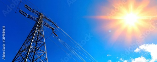High Voltage Power Lines Against Bright Sunny Sky
