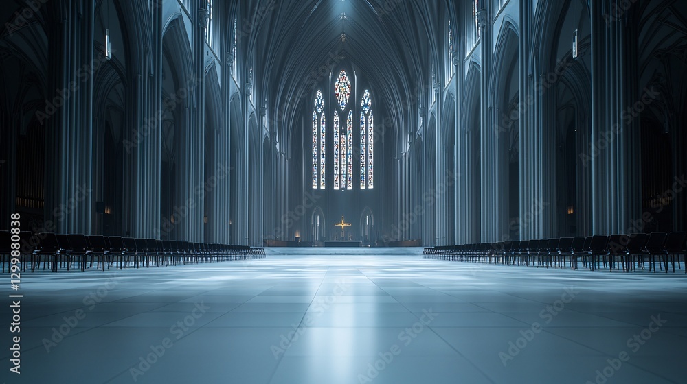 Fototapeta premium time-lapse fusion of a grand cathedral interior, sunlight shifting through stained glass windows, shadows stretching across intricate stone carvings, sense of history and reverence, architectural