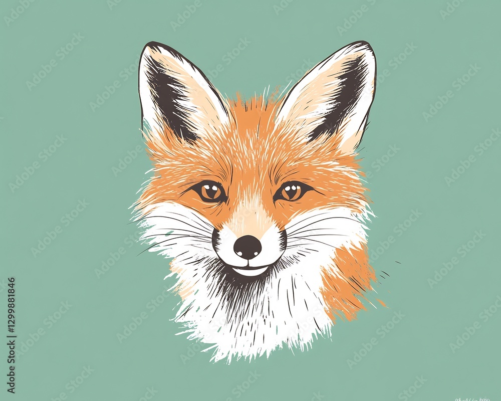 Obraz premium red fox head, curious fox, earthy green background, pointed ears, bright eyes, minimal artistic style, modern close-up