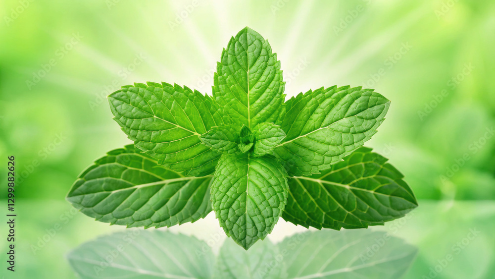 Fresh mint leaves on a reflective surface with a soft green background. Fresh mint leaves on a reflective surface with a soft green background.