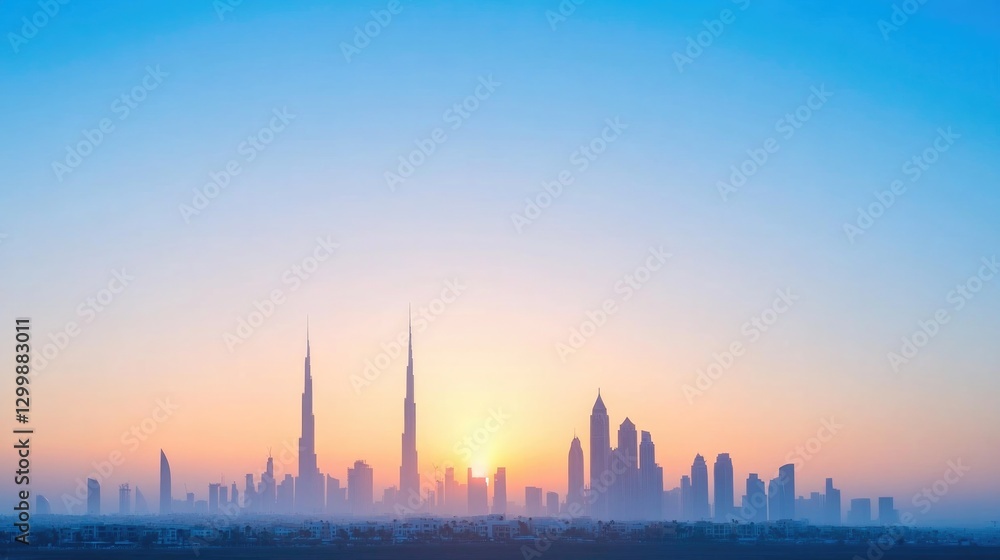 Fototapeta premium majestic urban skyline over vast modern city with skyscrapers can be seen jutting into sky at sunrise