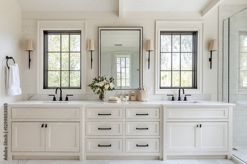 Elegant bathroom features dual sinks and framed mirrors above them Elegant bathroom features dual sinks and framed mirrors above them