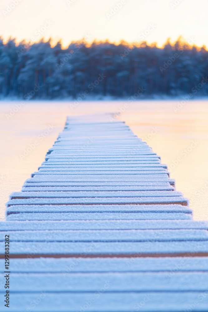 Obraz premium sparkling frost on wooden path leading through winter forest with first rays of sunlight filtering through