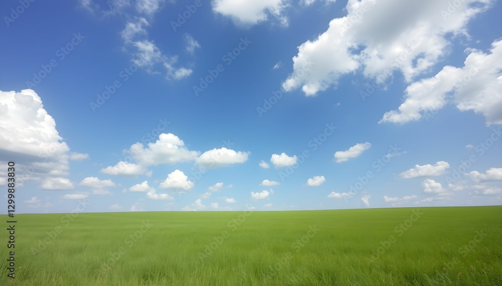 Vast Green Field Under a Bright Blue Sky with White Clouds Vast Green Field Under a Bright Blue Sky with White Clouds