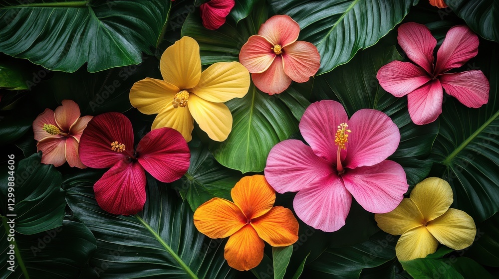 custom made wallpaper toronto digitalVibrant hibiscus flowers in various colors arranged on lush green foliage. Perfect for tropical, summer, or floral themes, evokes feelings of warmth and beauty.