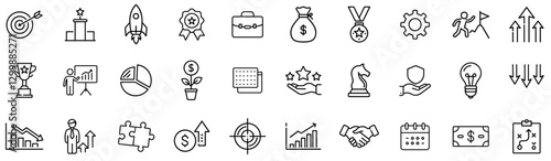 Business Success & Growth Outline Icon Bundle – Strategy, Achievement, Leadership, Financial Progress