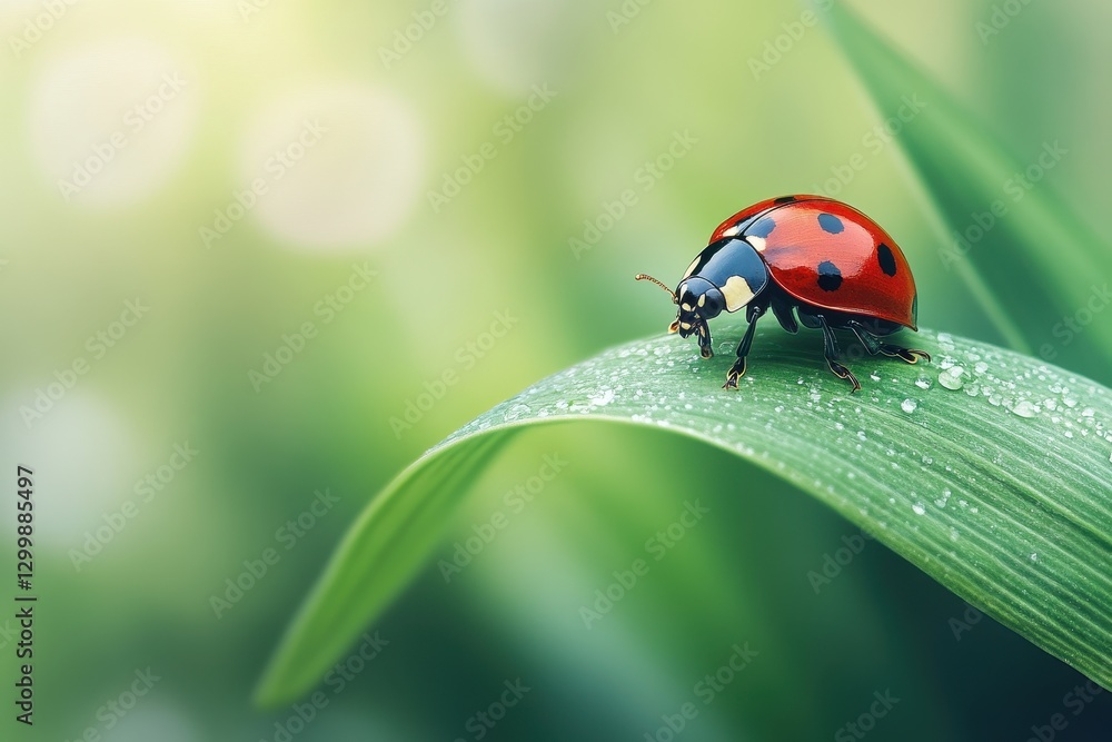 Ladybug on dewy green leaf, close-up shot. Perfect for spring, nature, and insect themes, evokes peace and tranquility. Ladybug on dewy green leaf, close-up shot. Perfect for spring, nature, and insect themes, evokes peace and tranquility.