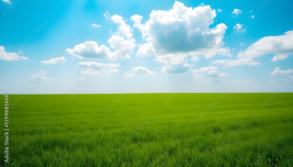 Endless Green Field Under a Blue Sky with Fluffy Clouds Endless Green Field Under a Blue Sky with Fluffy Clouds