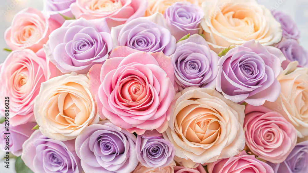 Fototapeta premium A bouquet of pastel roses in soft pink and lavender hues.