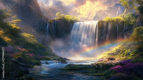 Majestic waterfall cascading into serene valley, rainbow, sunrise