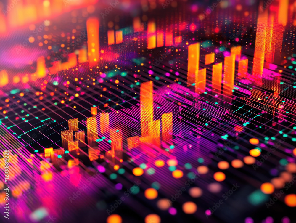 Obraz premium Vibrant data visualization with glowing bar charts and grids
