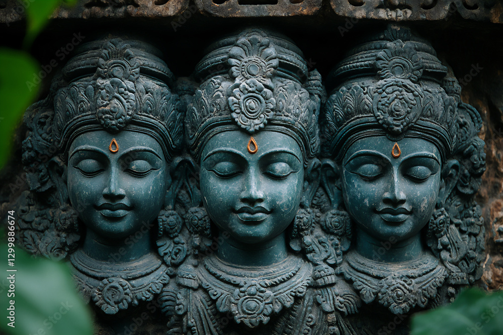 a close-up of the three heads of rama, sita, a close-up of the three heads of rama, sita,