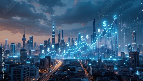 Wallpaper Mural Economic growth visualization urban skyline digital art evening aerial view financial concepts Torontodigital.ca