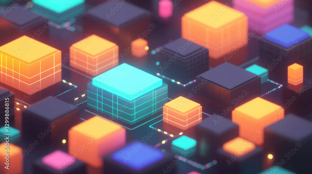 Colorful glowing cubes in futuristic digital grid Colorful glowing cubes in futuristic digital grid