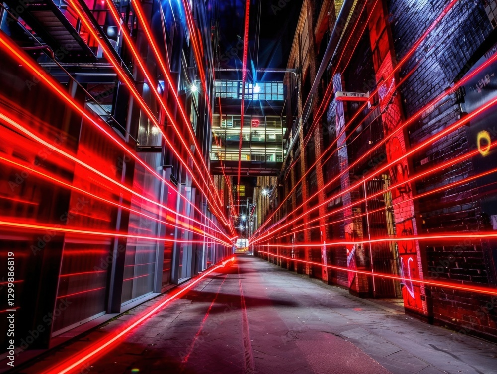 Fototapeta premium Red light streaks in urban alley at night