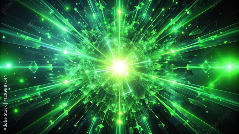 Glowing neon green explosion on a dark background with fragmented shapes and lines , green, fragment Glowing neon green explosion on a dark background with fragmented shapes and lines , green, fragment