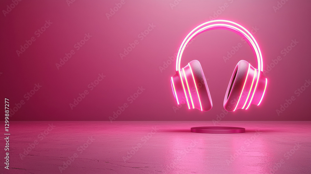 Glowing pink headphones floating in minimalistic space Glowing pink headphones floating in minimalistic space