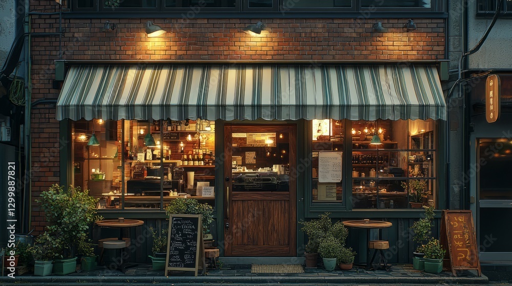 Cozy Cafe Entrance in Urban Setting at Dusk Cozy Cafe Entrance in Urban Setting at Dusk