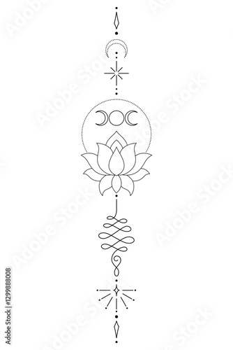 Sacred Lotus Unalome Tattoo Design Minimalist Spiritual Symbol. Vector isolated buddhist line hand drawn symbol.