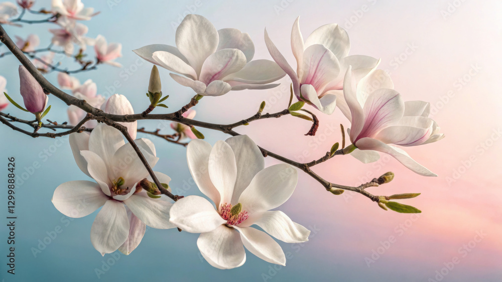 Fototapeta premium Beautiful magnolia flowers on a branch against a soft gradient background.