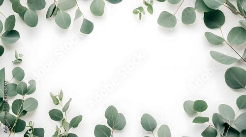 Green eucalyptus leaves arranged decoratively on a white background