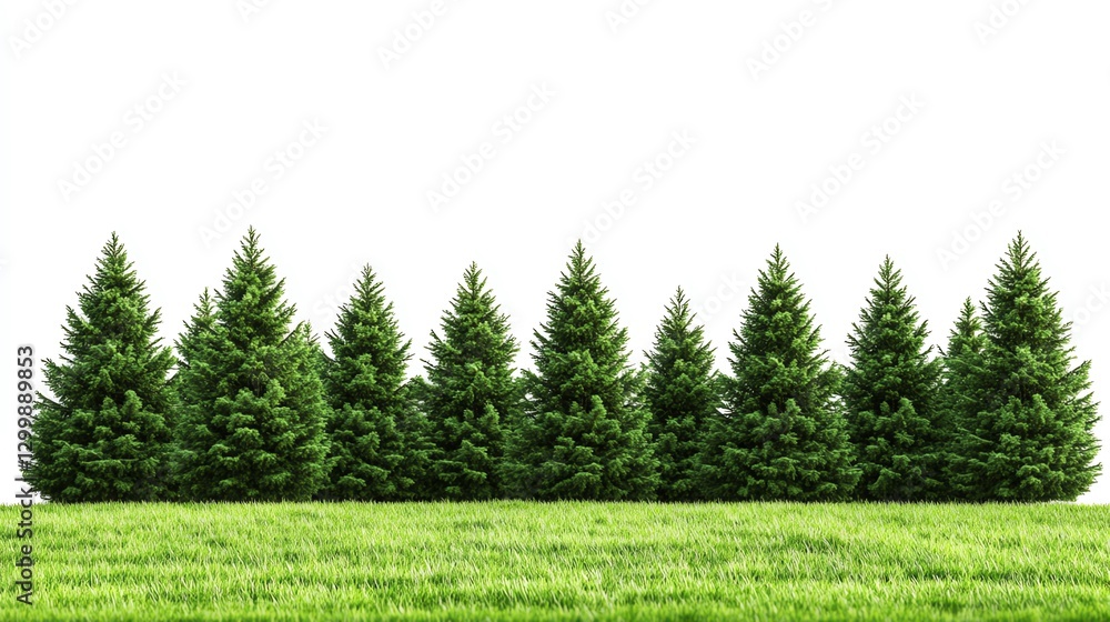 Fototapeta premium Horizontal line of dense evergreen trees on fresh green grass, isolated on a white background, detailed foliage, ultrasharp 8K clarity