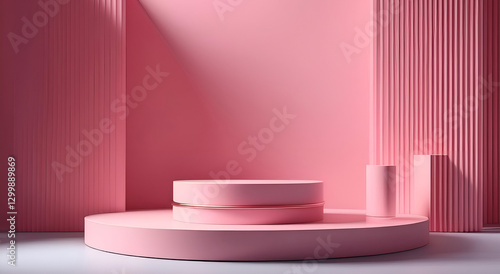 Blush pink corner studio with platform and soft lighting  perfect for beauty or fashion.

