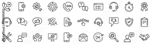 Customer Support & Technical Assistance Outline Icon Bundle – Helpdesk, 24/7 Service, Troubleshooting, Communication