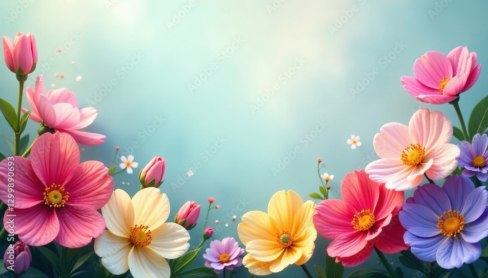 Border of vibrant spring flowers in full bloom, perfect for greeting cards or banners, spring, greeting cards Border of vibrant spring flowers in full bloom, perfect for greeting cards or banners, spring, greeting cards
