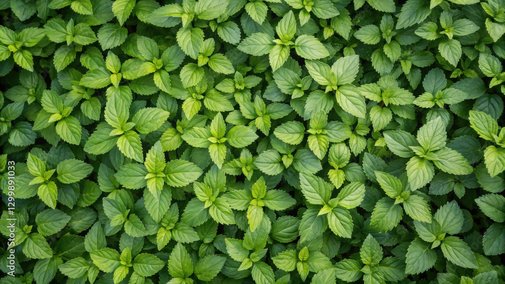 Fototapeta premium Lush green mint leaves in a dense, vibrant pattern.