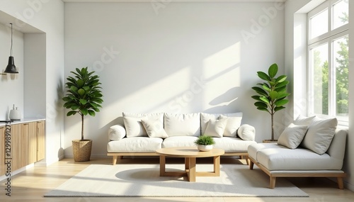 Bright white living room with wooden furniture and green plants  minimalist  home decor  elegant