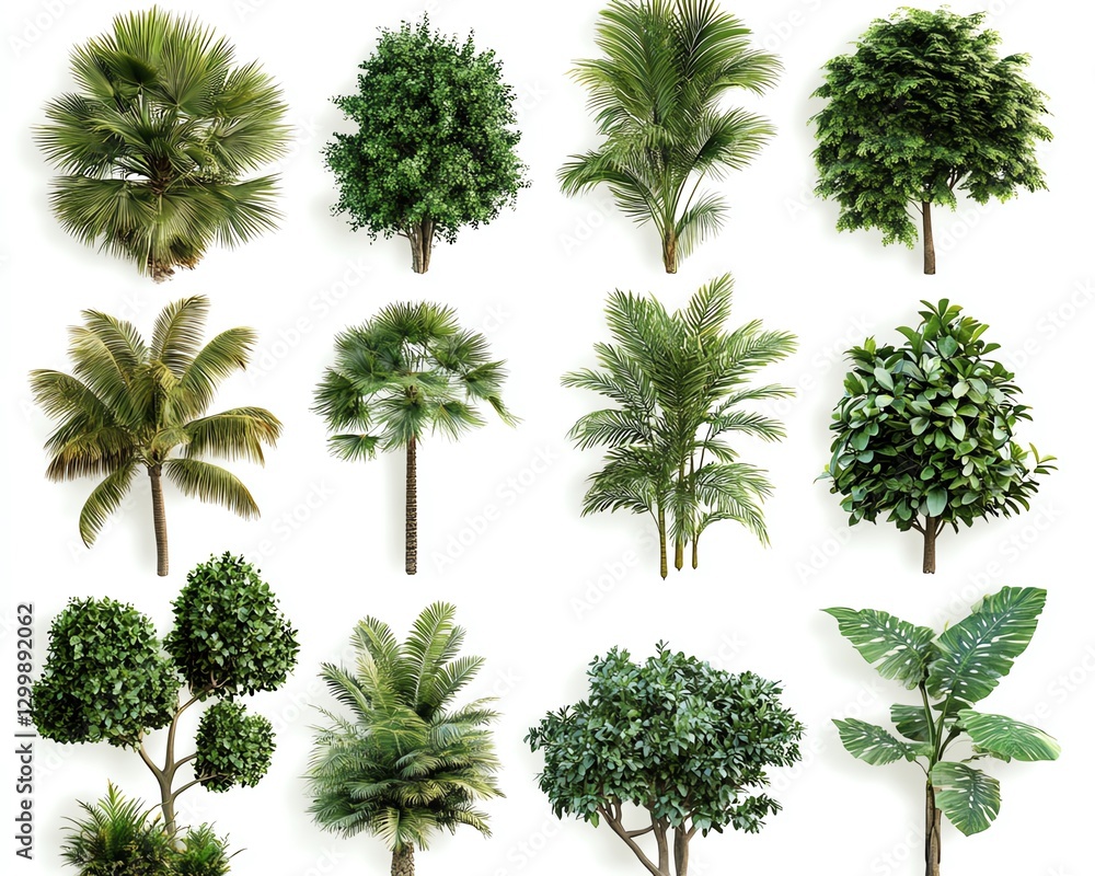 Fototapeta premium Lush green collection of diverse trees and plants, including palms, ferns, and ivy, isolated on white background, ultradetailed textures